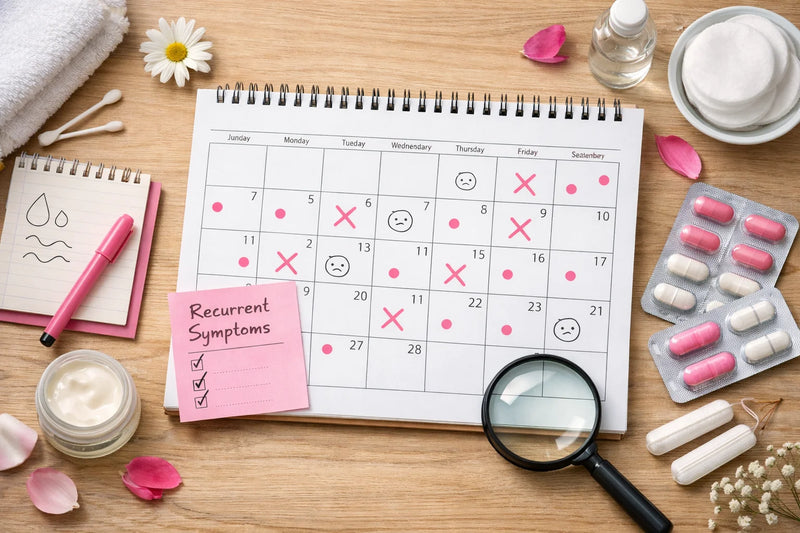 Composição gráfica de calendário e anotações discretas sobre recorrência de sintomas.