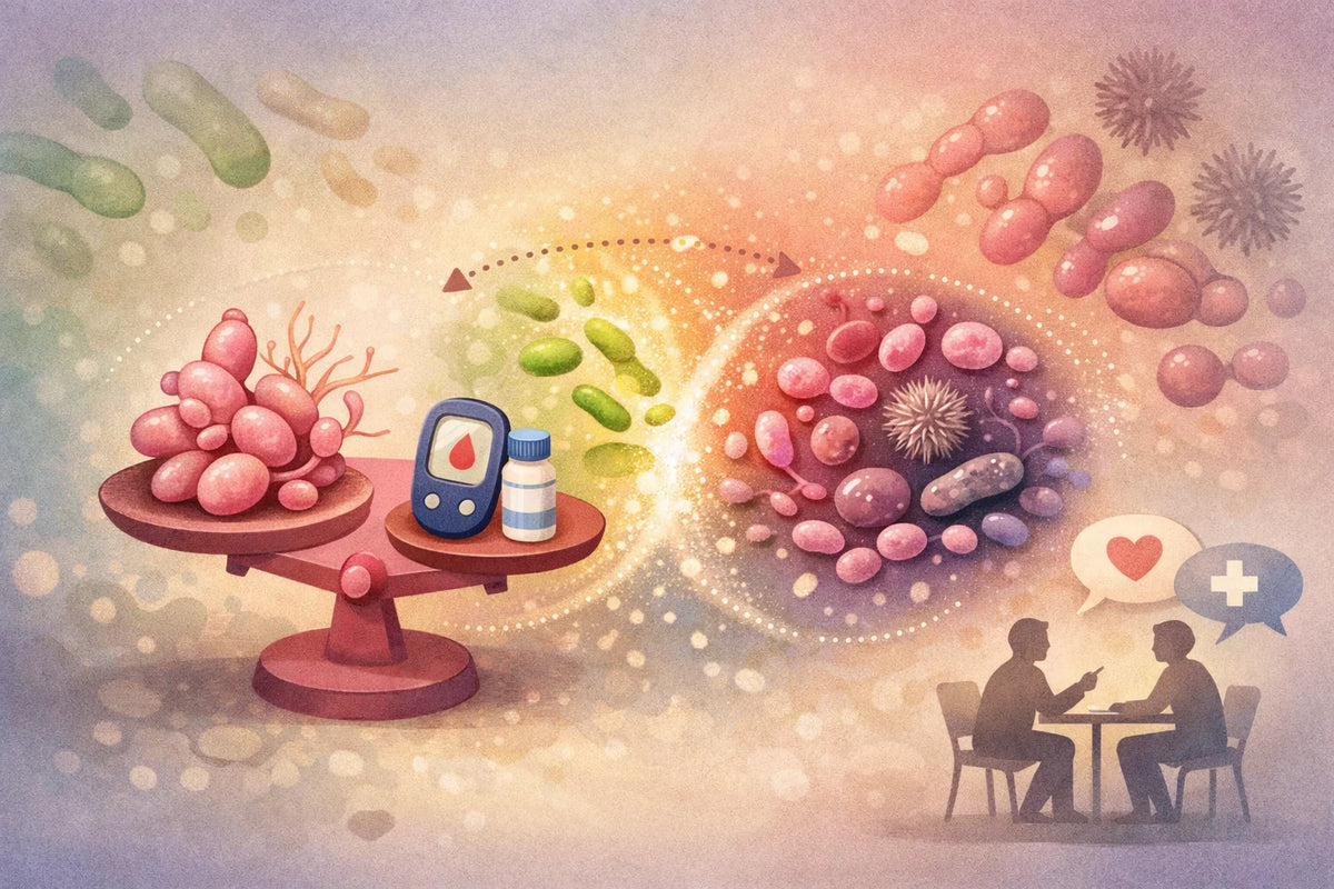 Ilustração científica editorial abstrata de equilíbrio da microbiota.