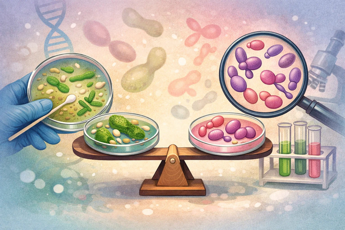 Ilustração científica editorial abstrata de equilíbrio da microbiota.