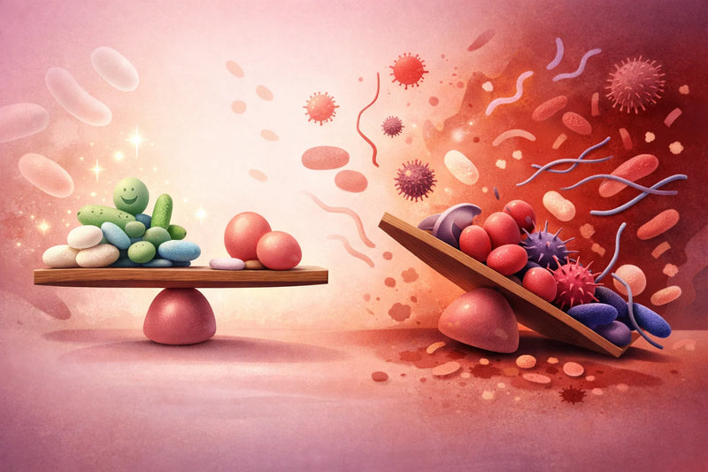 Ilustração científica editorial abstrata de equilíbrio da microbiota.