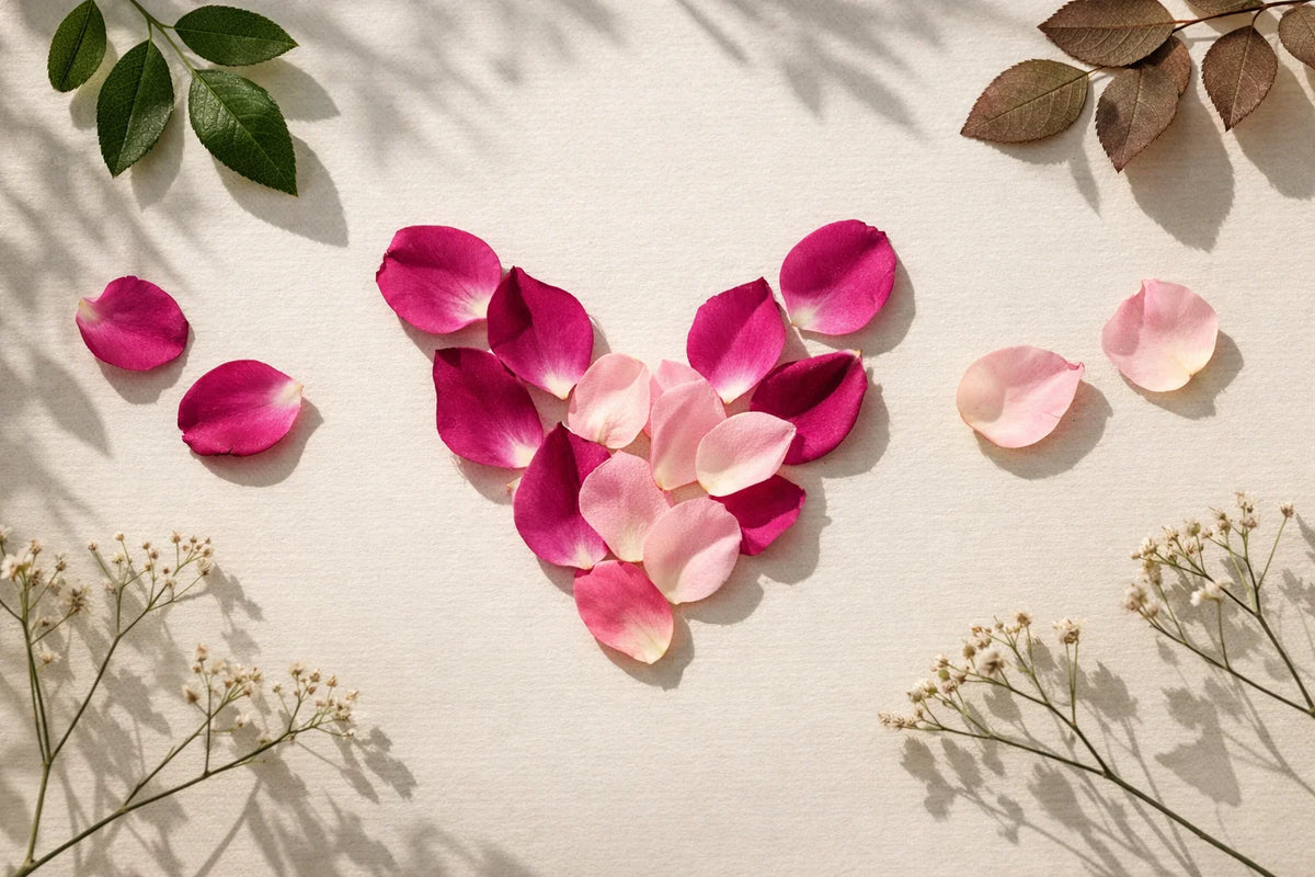 Natureza-morta minimalista com pétalas e sombras botânicas sobre papel.