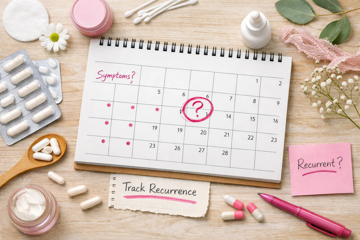 Composição gráfica de calendário e anotações discretas sobre recorrência de sintomas.