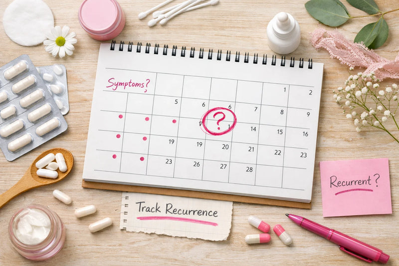 Composição gráfica de calendário e anotações discretas sobre recorrência de sintomas.