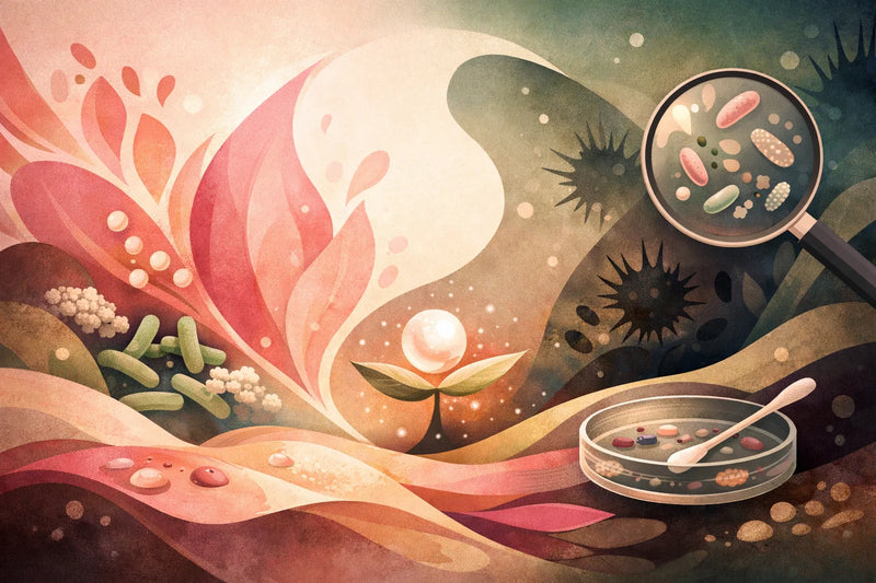 Arte editorial abstrata com formas orgânicas inspiradas em natureza e anatomia não explícita.