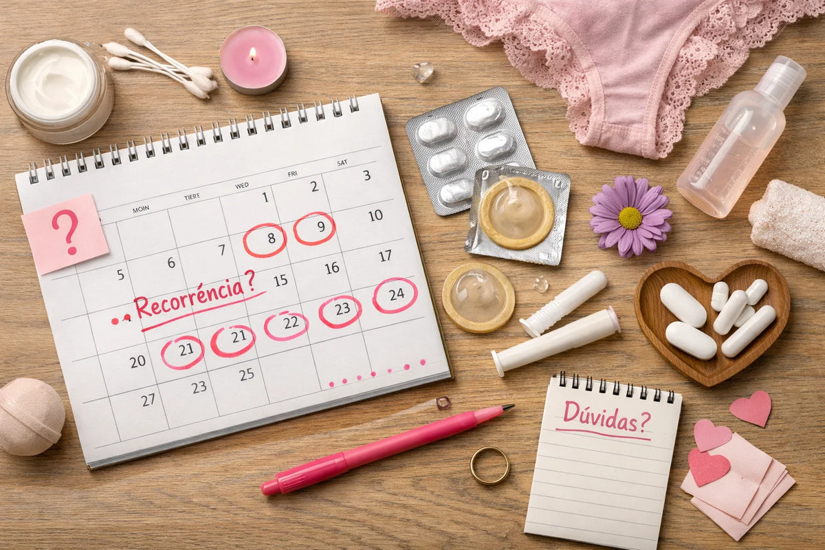 Composição gráfica de calendário e anotações discretas sobre recorrência de sintomas.