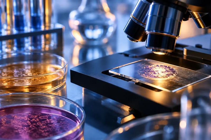 Microscópio e lâminas de laboratório representam a análise de estudos sobre beta-glucana.