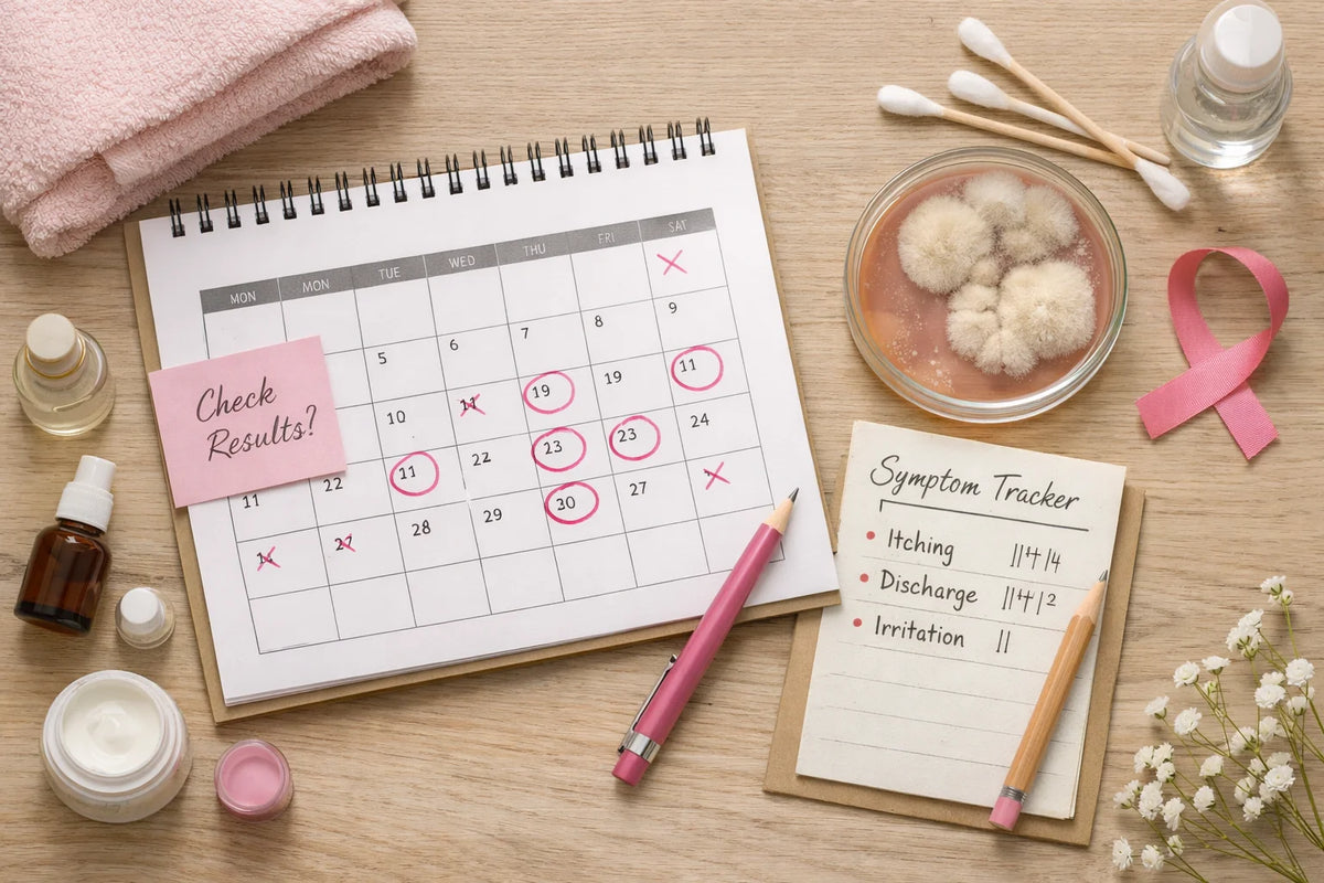 Composição gráfica de calendário e anotações discretas sobre recorrência de sintomas.