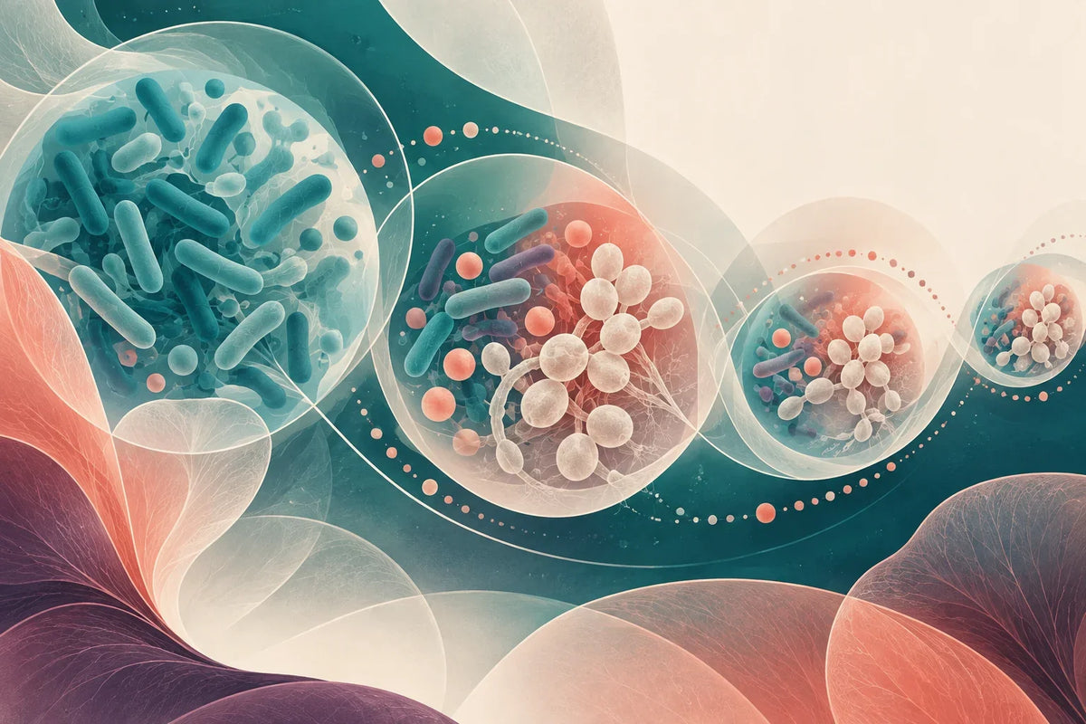 Ilustração abstrata da microbiota acompanha a investigação de sintomas recorrentes de candidíase.