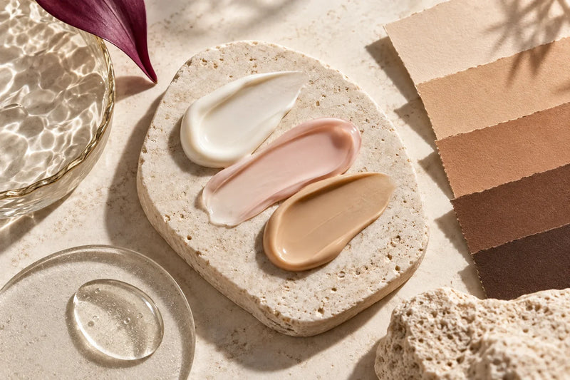 Texturas cosméticas e tons de pele ilustram o que avaliar antes de escolher um cosmético íntimo.