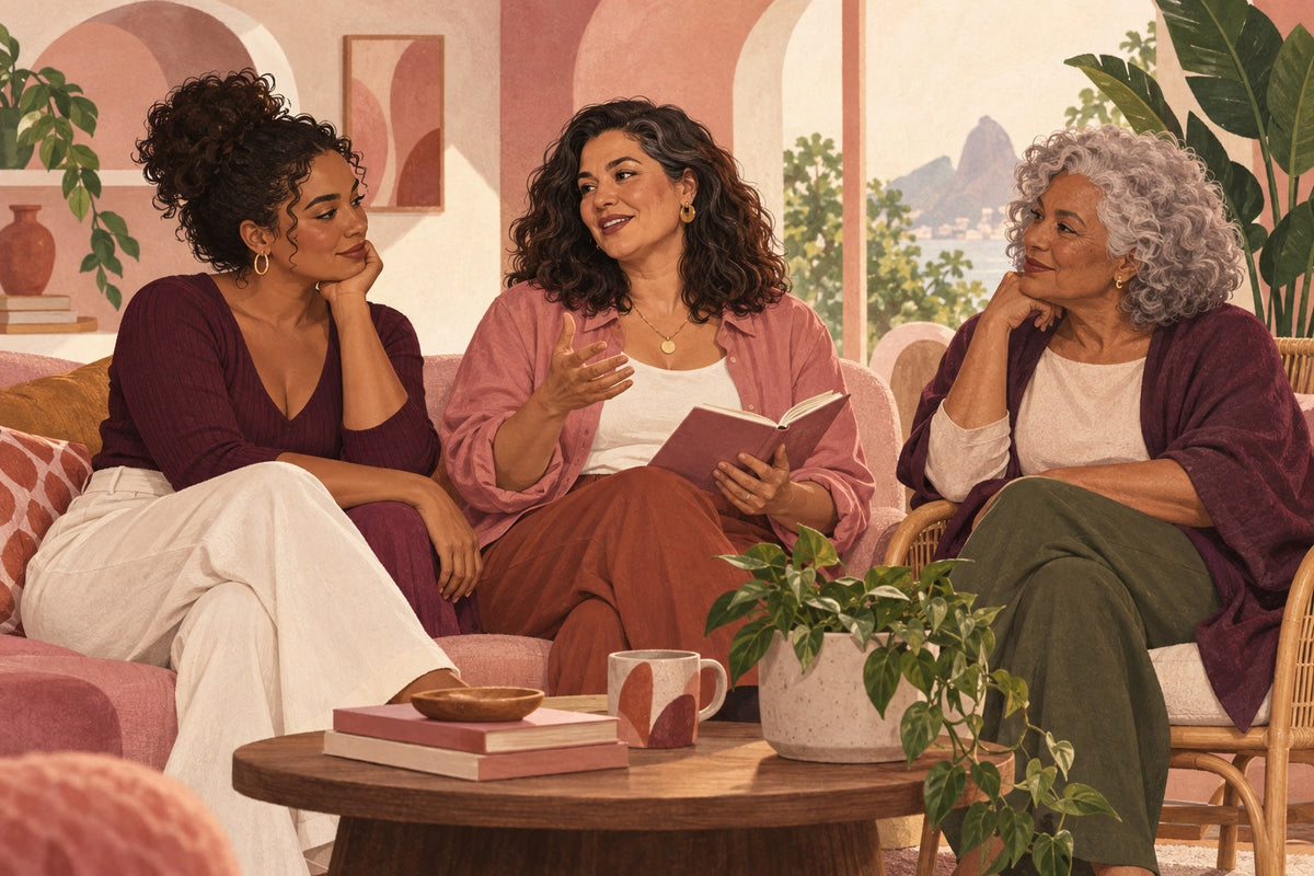 Ilustração original de três mulheres de diferentes gerações conversando em um ambiente acolhedor.