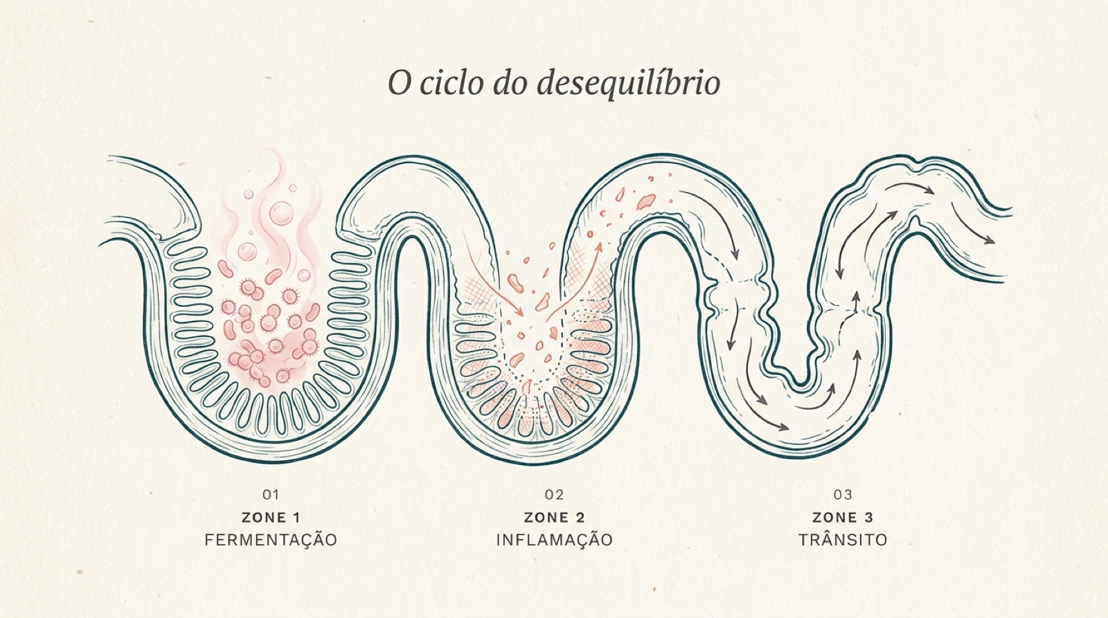 Mulher sentada na borda da cama no fim do dia, mão no abdômen, expressão contemplativa de quem reconhece o desconforto
