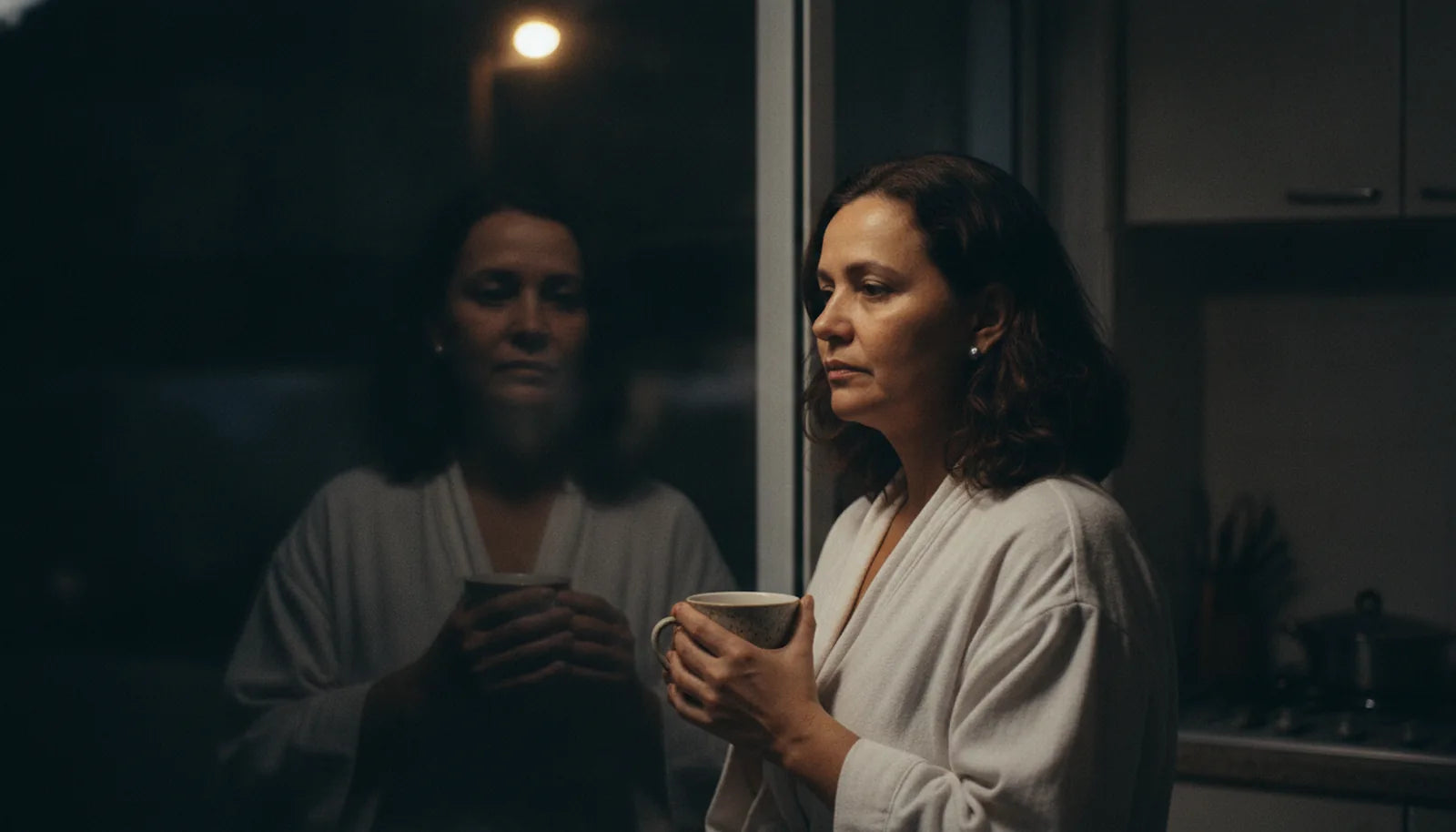Mulher de cinquenta e poucos anos sozinha à noite na cozinha, com uma xícara nas mãos, olhando o próprio reflexo na janela