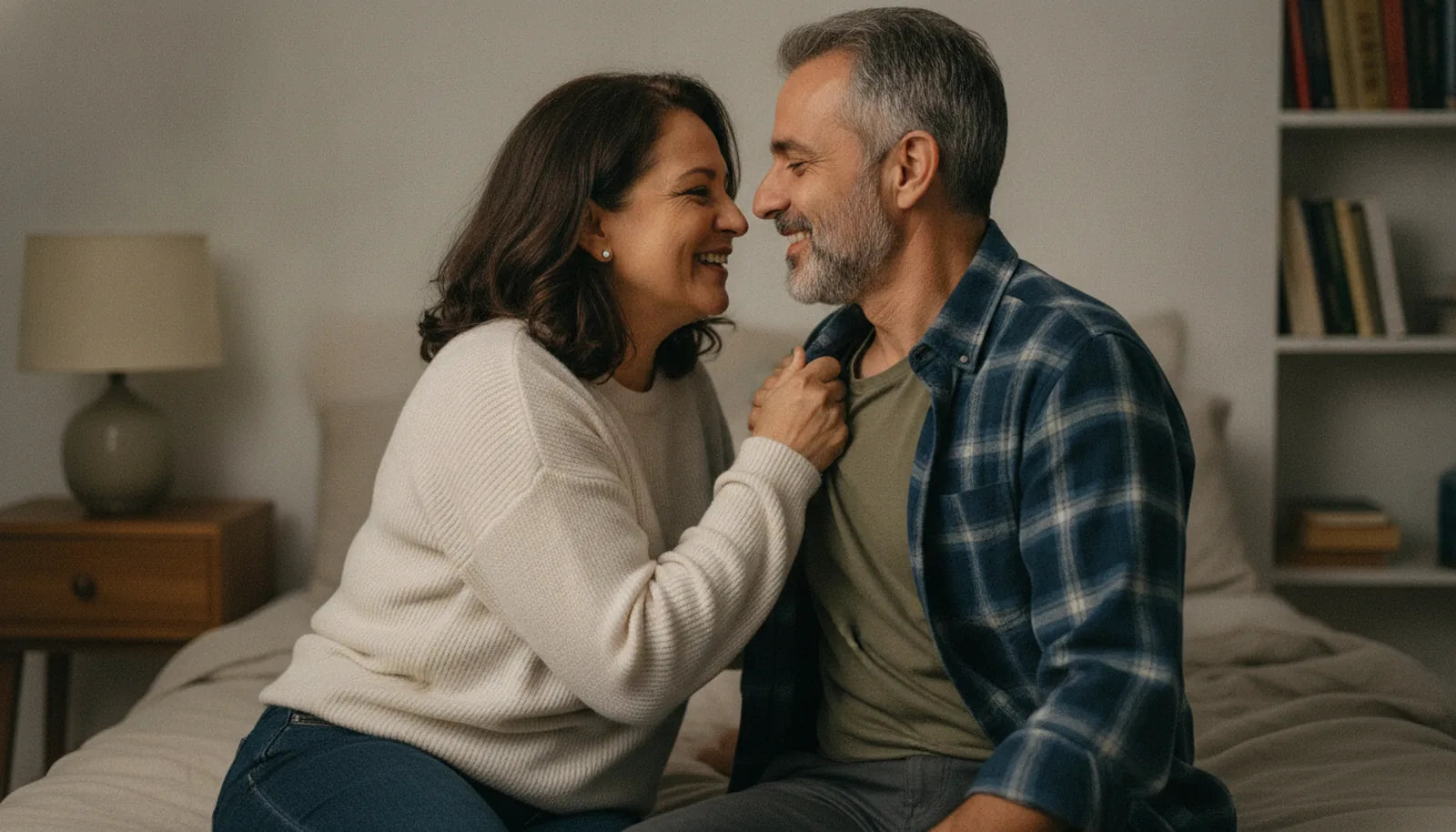 Casal no quarto em luz âmbar: ela puxando ele pela camiseta, os rostos próximos, prestes a se beijar