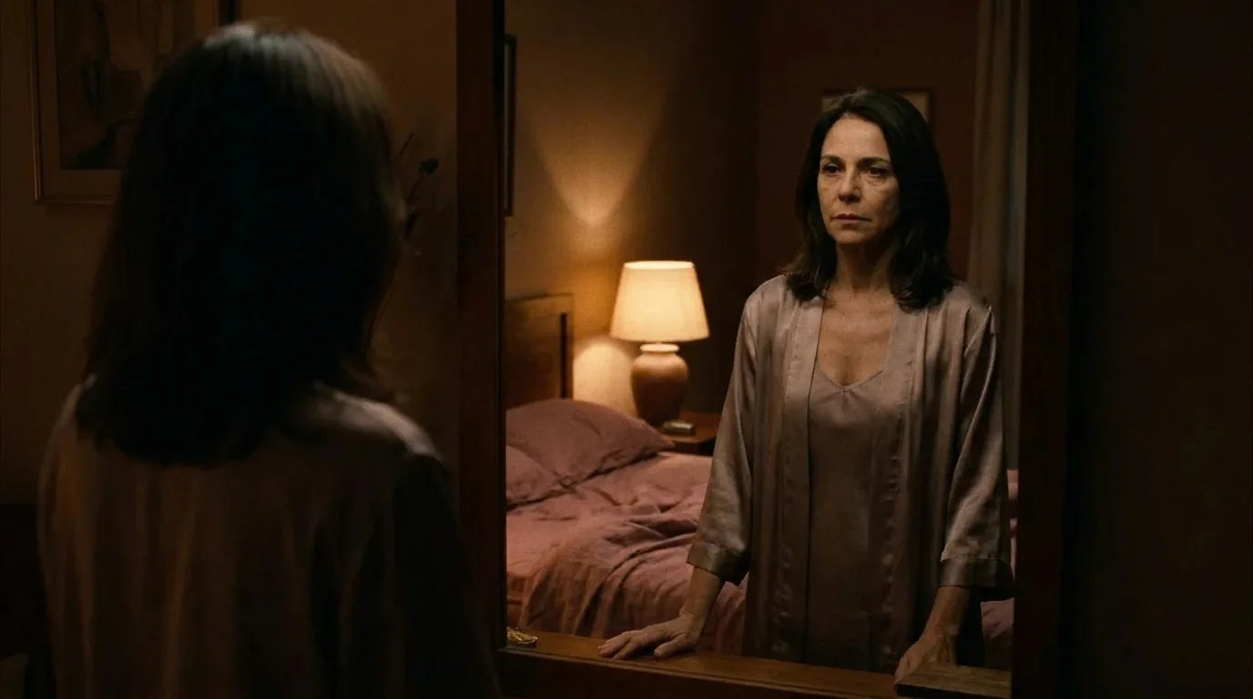 Mulher sozinha no quarto, olhando para o próprio reflexo no espelho