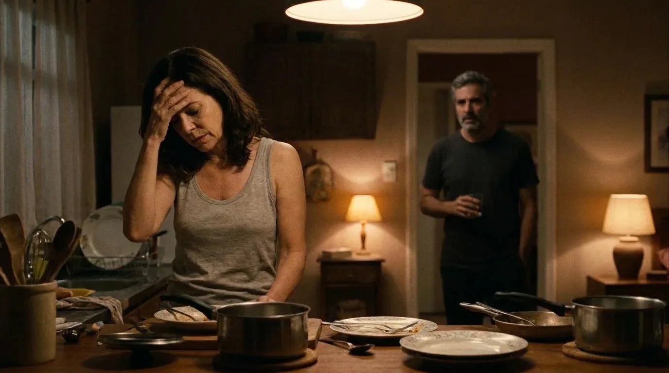 Mulher com a mão na testa na cozinha no fim do dia, o marido ao fundo sem entender