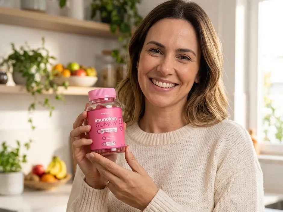 Mulher sorrindo na cozinha, em luz natural, segurando o pote de Imunofem Gummy