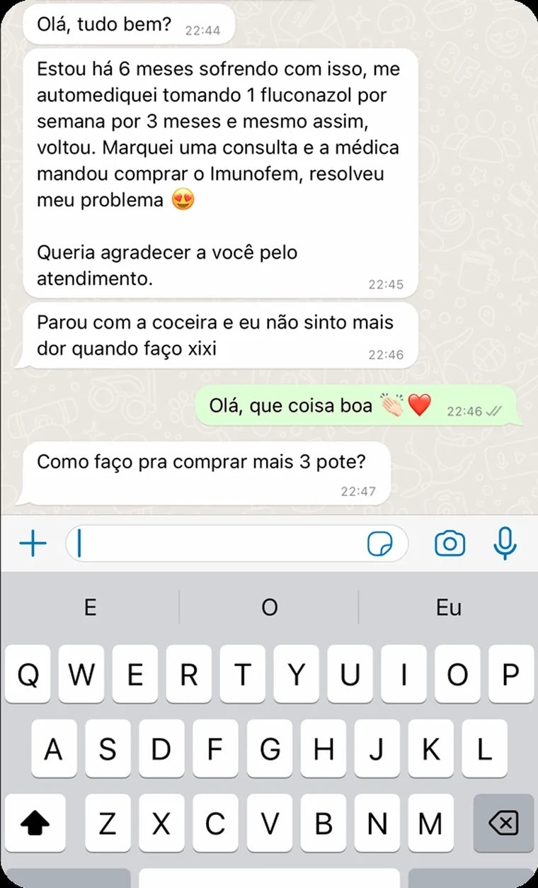 Print de mensagem enviada por cliente do Imunofem ao suporte da Maxfem