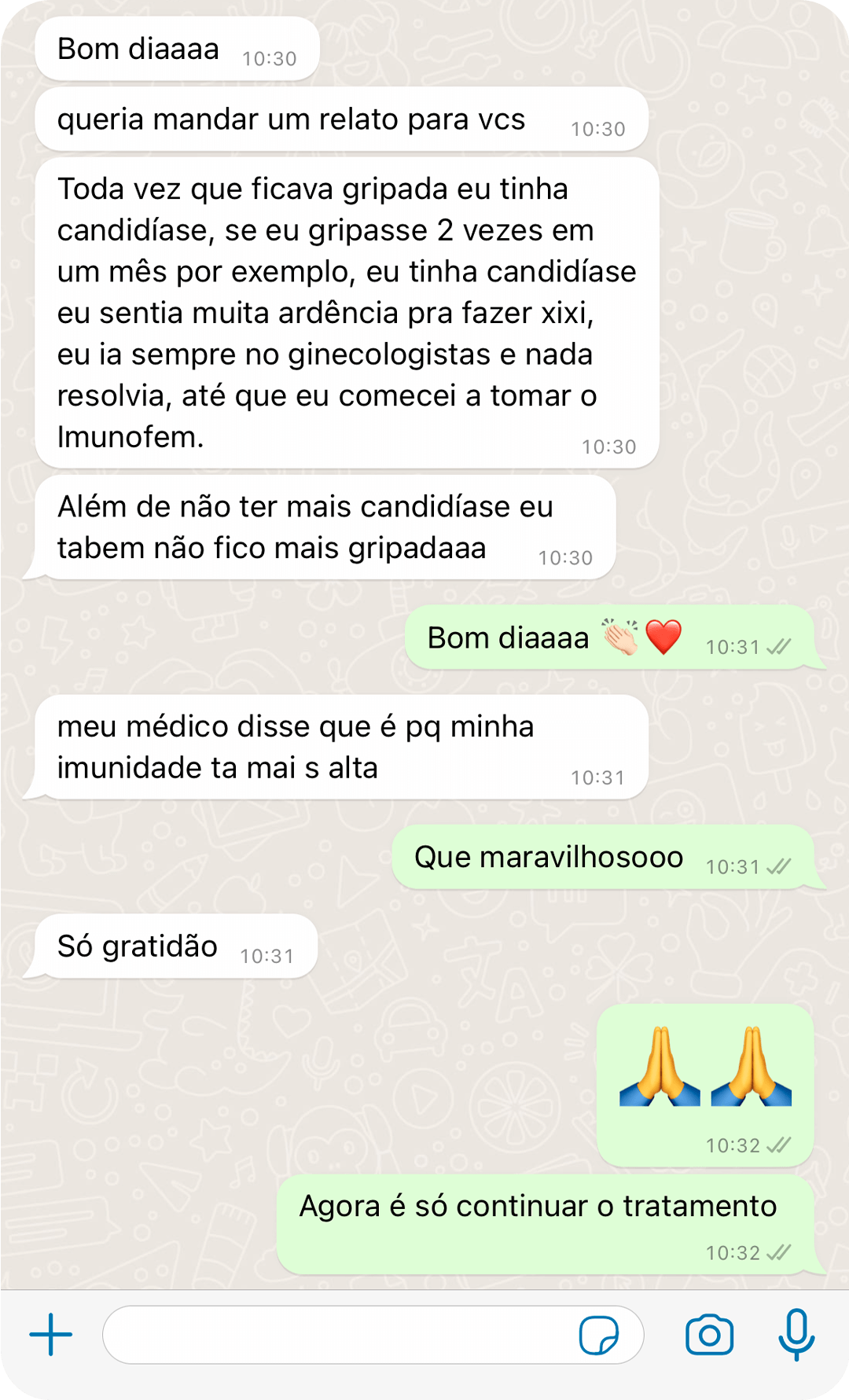 Print de WhatsApp — recomendação do Imunofem