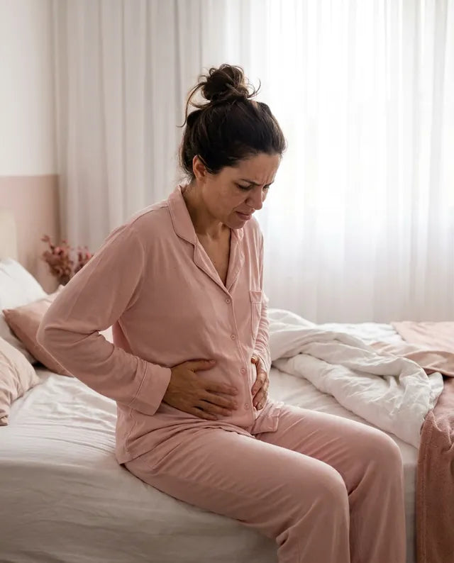 Mulher sentada na cama de manhã, com a mão na barriga estufada
