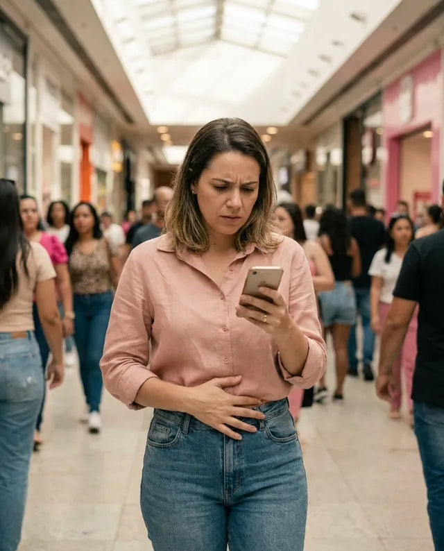 Mulher no shopping olhando o celular, com a mão na barriga