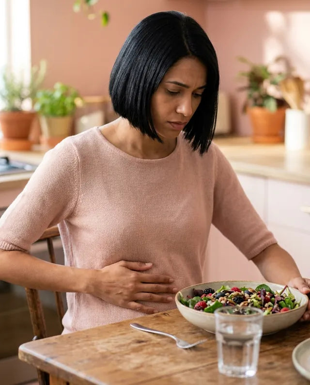 Mulher diante de um prato de salada, com a mão na barriga