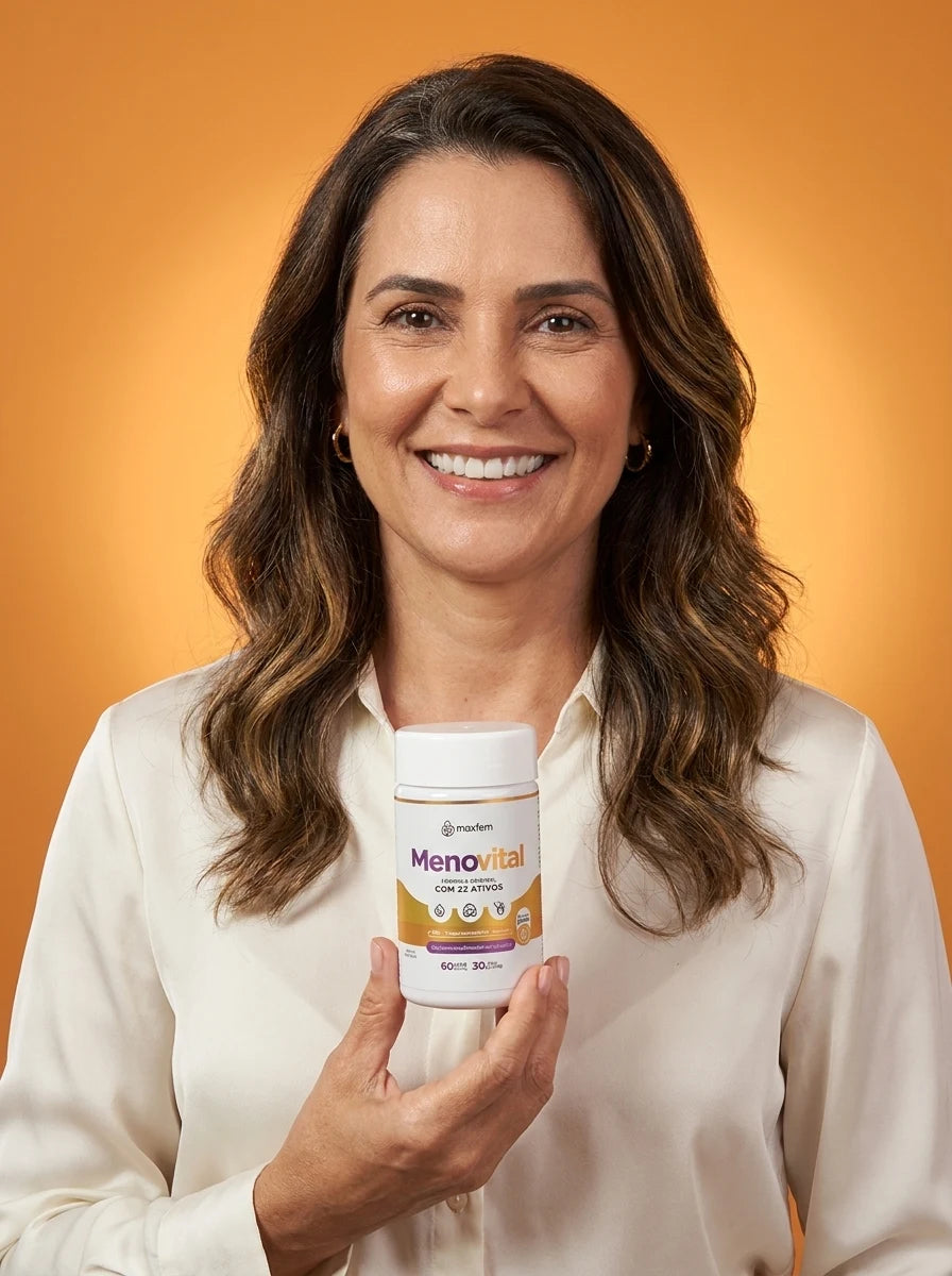Mulher segurando o frasco de Menovital