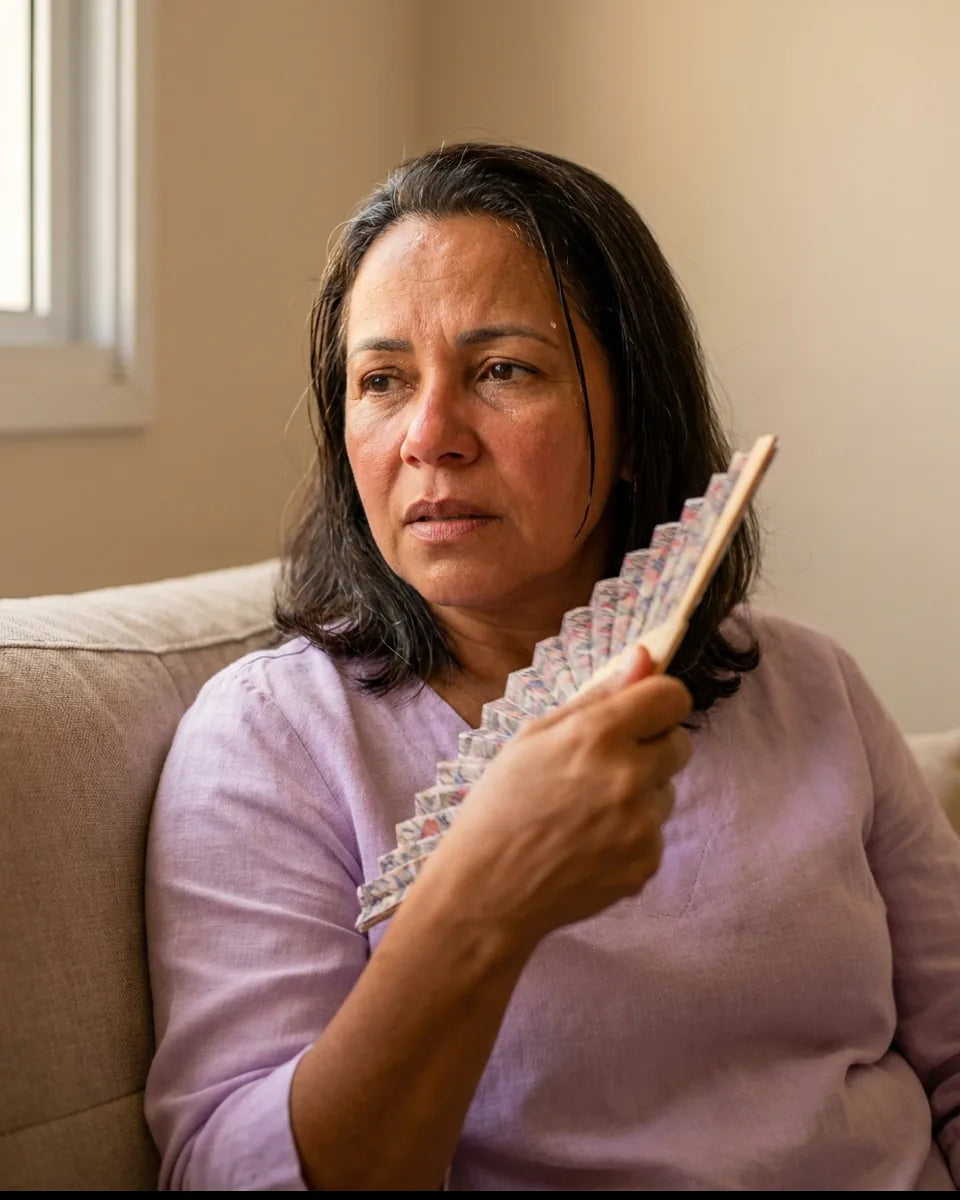 Mulher de 40 e poucos anos se abanando com uma pasta de papel no meio de uma reunião, com calor